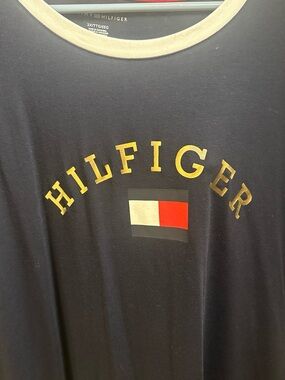 Tommy Hilfiger Navy Tee with Gold Lettering and Red-White Flag